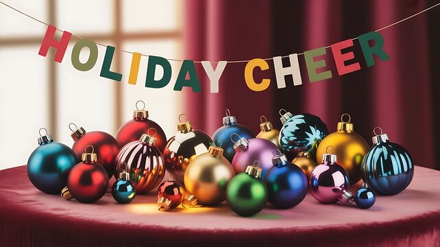 Colorful Christmas ornaments and vintage baubles. Banner background in modern minimalist geometric style, created with generative ai