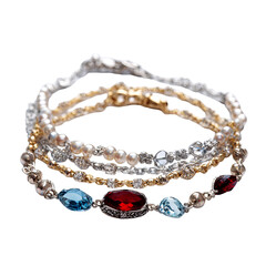Stacked bracelets with various gemstones and metals