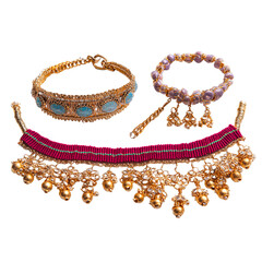 Gold-toned jewelry set with turquoise and purple accents