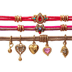 Three layered bracelet with vibrant pink and beige threads, adorned with gold-toned embellishments, including teardrops, flowers, and hearts