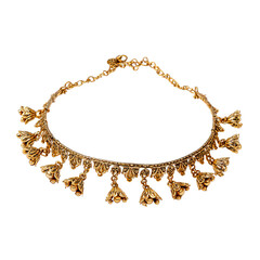 Ornate gold necklace with leaf-like pendants