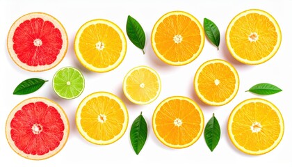 Obraz premium Top view of assorted citrus fruit slices with green leaves, showcasing vibrant colors and freshness.
