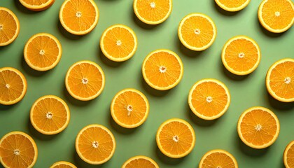 A pattern of fresh orange slices on a green background, perfect for health and wellness themes.