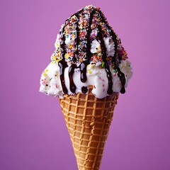 A delightful vanilla soft serve ice cream cone with chocolate sauce and colorful sprinkles on a vibrant purple background, a sweet treat