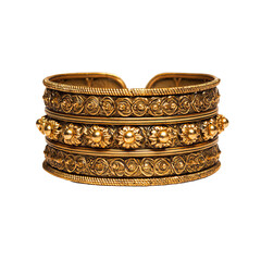 Ornate gold cuff bracelet with detailed carvings and embellishments