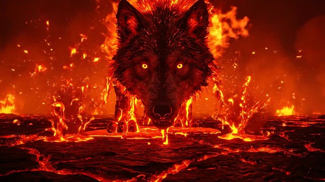 fiery wolf creature emerging from volcanic lava landscape