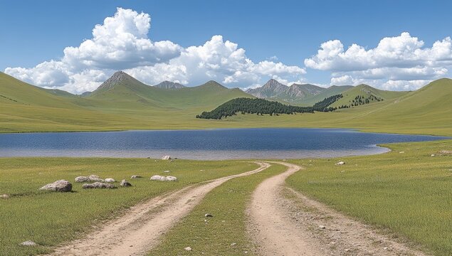 Serene lake reflects sky, amidst rolling hills and winding path