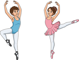 Cartoon ballet children dancing, smiling boy in blue leotard and graceful girl in pink tutu, elegant kids performing classical dance vector.