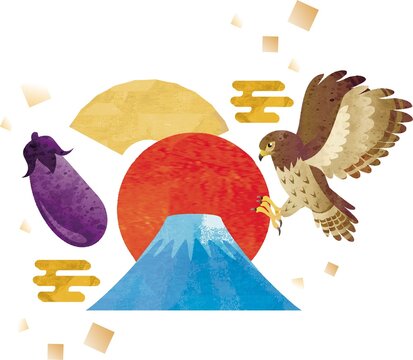 お正月素材　富士山、鷹、茄子の和風水彩イラスト 