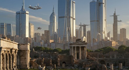 Futuristic City Skyline with Modern Skyscrapers and Flying Airplanes at Sunset