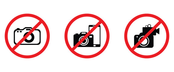 “No Photography & Mobile Device Warning Signs Set – Prohibition Icons for Cameras, Phones, and Video Recording in Red Circle Slash Vector”