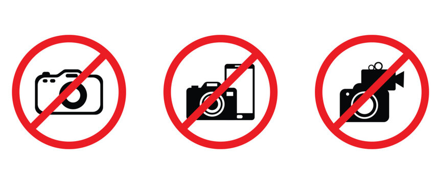 &ldquo;No Photography & Mobile Device Warning Signs Set &ndash; Prohibition Icons for Cameras, Phones, and Video Recording in Red Circle Slash Vector&rdquo;