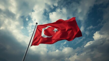 Turkish Flag Waving Against Cloudy Sky for Republic Day Celebration