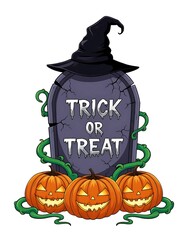 Cartoon Tombstone and Jack-o'-Lanterns Design - Trick or Treat Halloween Graphic - Isolated Vector Illustration