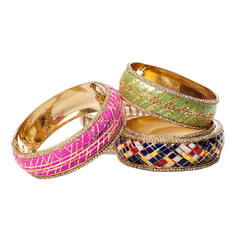 Stacked bangle bracelets in gold with colorful enamel patterns