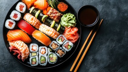 Assorted sushi platter with soy sauce on a dark surface