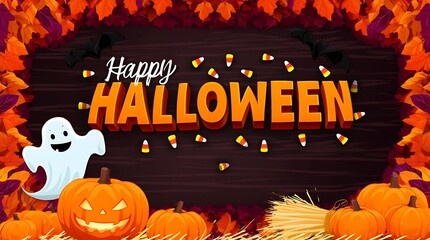 Fall Leaves Frame with Happy Halloween Text and Ghost - Horizontal Autumn Holiday Banner - Digital Invitation Graphic