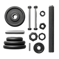 Overhead view of disassembled weight set, various components