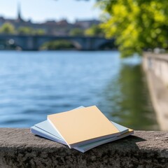 Books stacked by water with blurry city and bridge backdrop