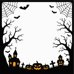 Wide Halloween Border — Church, Pumpkins & Bats under Web Corners (Vector)