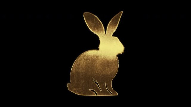 Rabbit with slightly reflected outlines on a gold foil-like surface, loop, alpha channel

