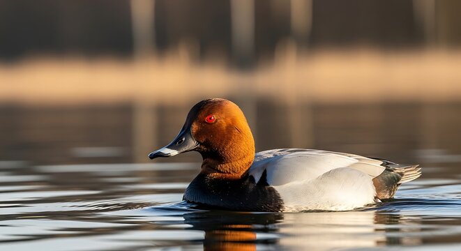Graceful canvasback duck gliding smoothly on tranquil waters surface