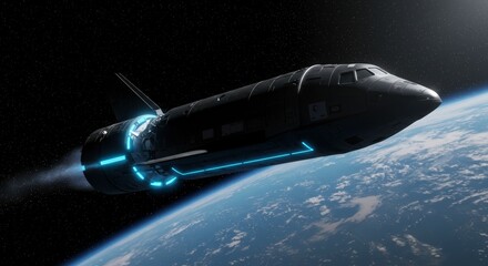 Futuristic spacecraft ascending above earths atmosphere with glowing neon blue lines illustrating high technology