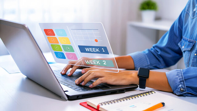 Ambitious professional planning projects and tasks on a digital dashboard using a laptop for enhanced productivity and organization