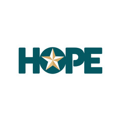 HOPE typography badge, bold block letters, star inside O, uplifting encouragement theme, modern inspirational poster, clean vector