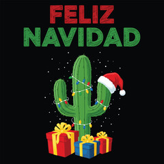 Feliz Navidad lettering spanish typography Merry Christmas cactus and Santa Red hat Vector illustration for holidays festive design.