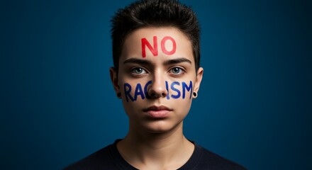 Activist portrait with anti-racism message painted on face, symbolizing courage, equality, and human rights.