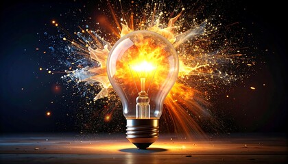 Illuminated lightbulb exploding with fiery sparks