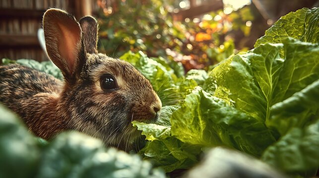 A close-up of a brown rabbit eating a large head of lettuce in a garden.