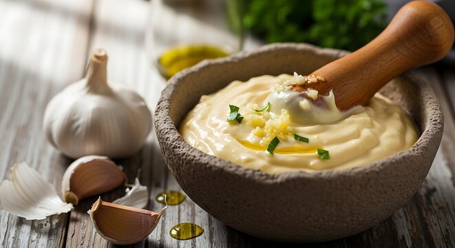Garlic aioli in rustic bowl.