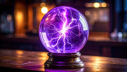 Glowing Purple Plasma Ball on Wooden Surface with Bokeh Background Futuristic Energy Concept Intense Illumination Mystic Sphere on Display Close Up View