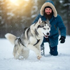 Naklejka premium Joyful winter adventure man and husky dog running and playing in snowy landscape