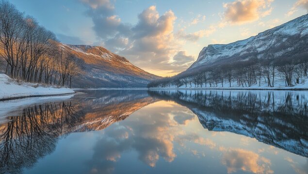 Snowy mountains reflected in calm lake under golden sky