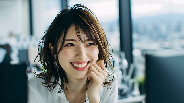 A Japanese business woman is thinking deeply, but an idea flashes and a light bulb icon animation appears
