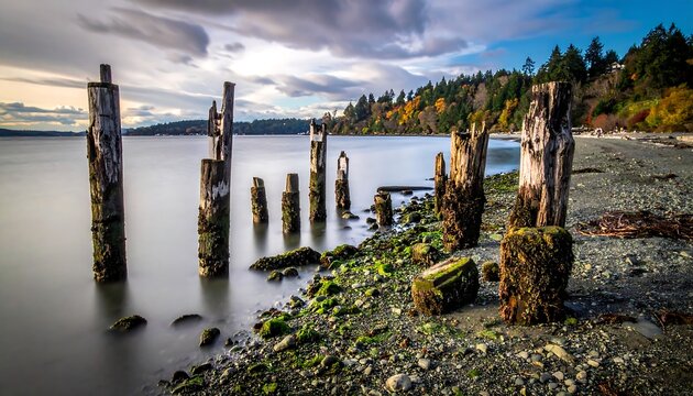 Calm coastal scene with weathered wooden posts in the foreground, reflecting in the still water, with autumn foliage in the background