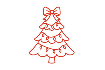 Christmas tree red outline drawing with bow and string lights, festive winter holiday season graphic with transparent background