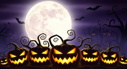 Fototapeta premium Group of glowing jackolanterns with spooky faces under a full moon on halloween night