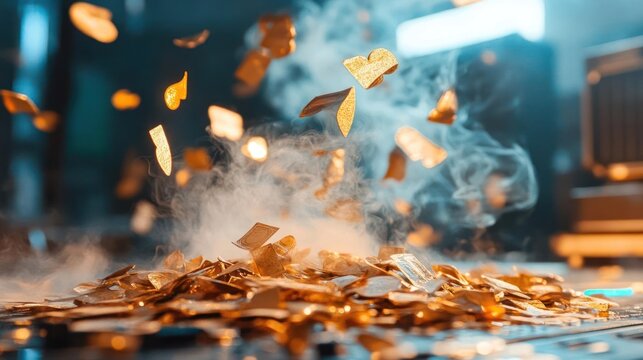 Whimsical golden flakes ascent amidst swirling wisps of vaporous mist in a surreal atmosphere