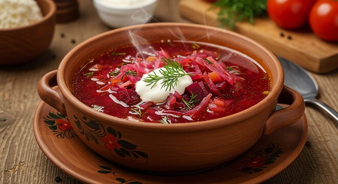 Warm Beaded Borscht Soup in Rustic Clay Bowl with Fresh Dill Sour Cream and Vegetables