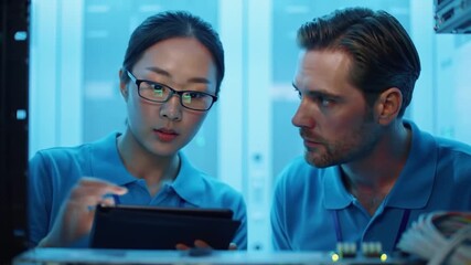 Two Engineers in Blue Shirts Inspecting Servers with Tablet in Data Center
