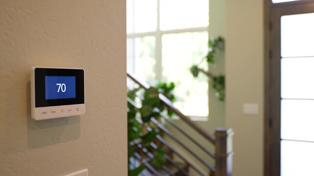 White Digital Thermostat Displaying 70 Degrees on Wall in Home Interior