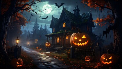 Haunted Halloween town at night