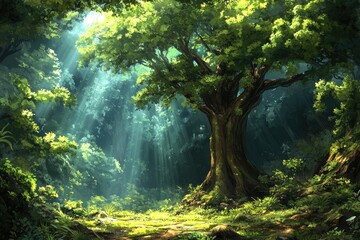Obraz premium Sunlit forest scene with a large, old tree in a glade