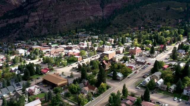 Drone Shot of Downtown Ouray, CO Historic Mountain Town in San Juan Mountains