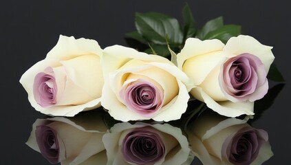Three ivory/lavender roses reflected on a dark surface