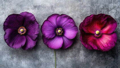 Three vibrant poppies on gray background, close-up view